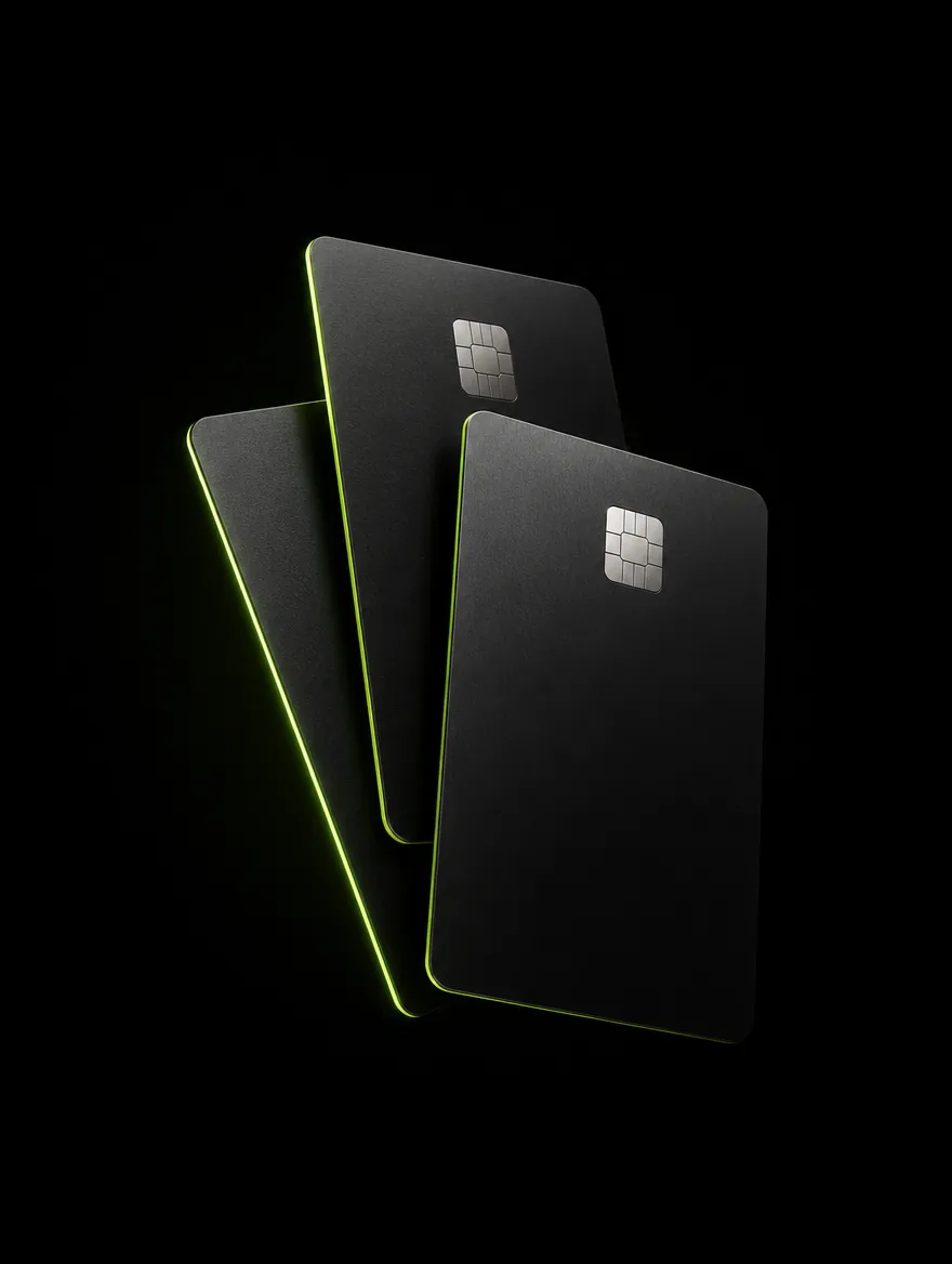 Three matte black Power Ads corporate cards