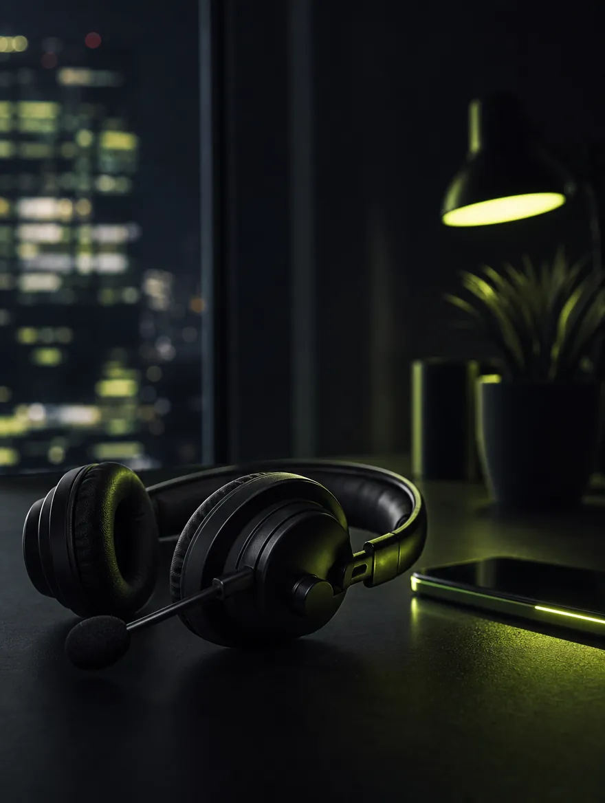 Headset on desk at night